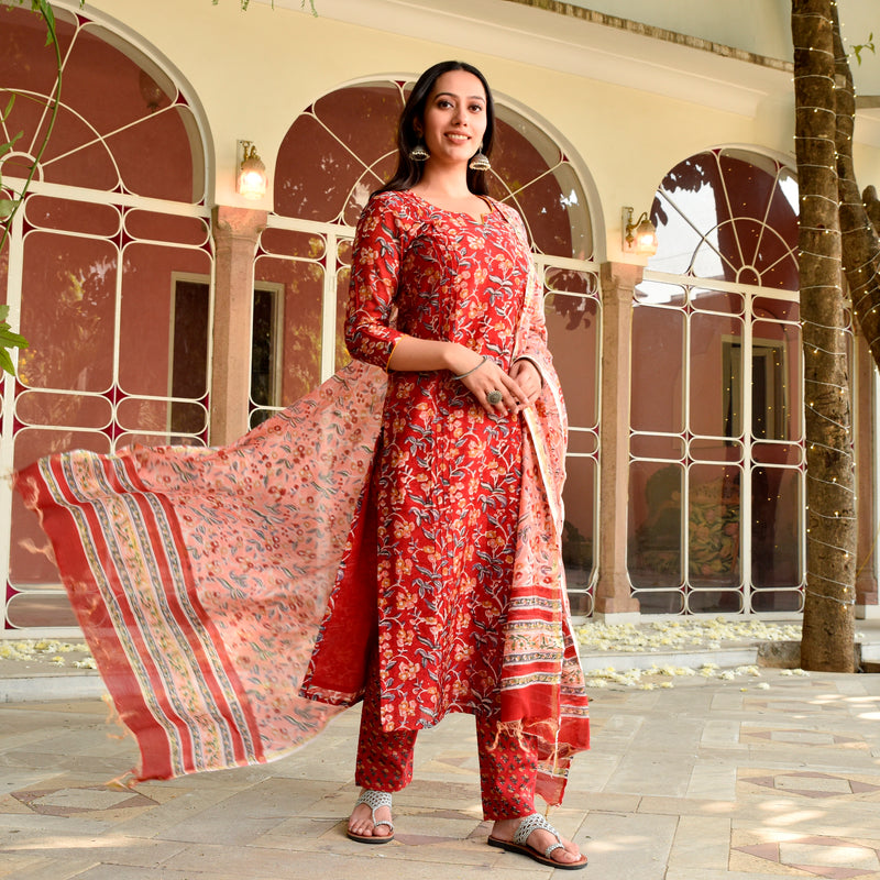 Roze Red Handblock Chanderi Straight Suit Set (Plus Size)