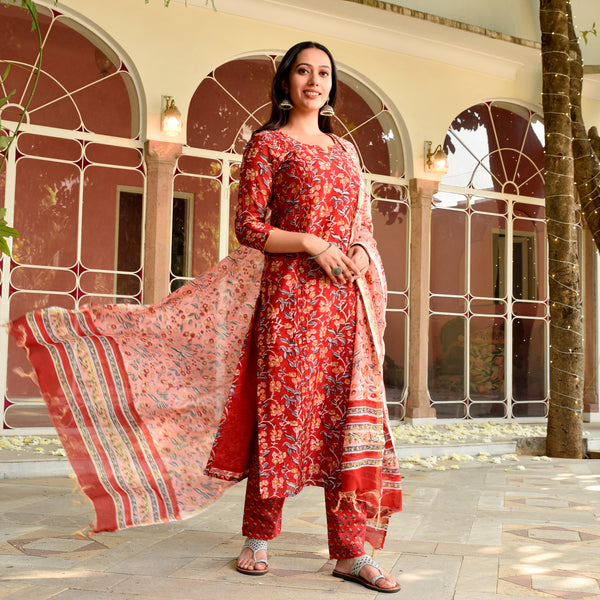 Roze Red Handblock Chanderi Straight Suit Set