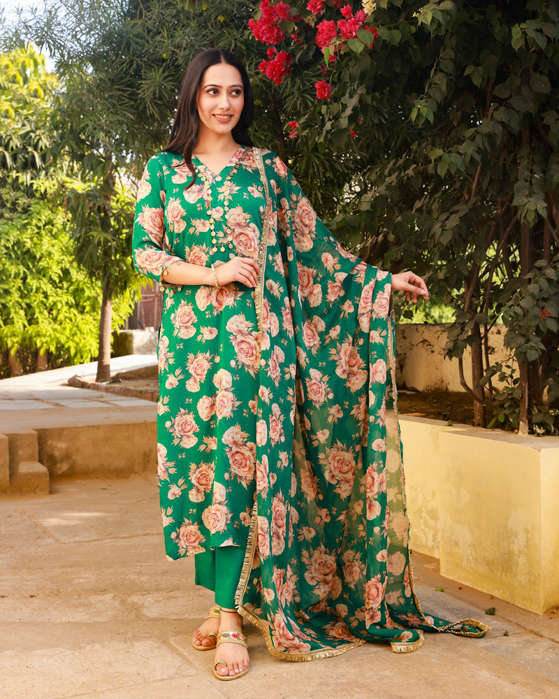 Gehna Green Floral Straight Suit Set (Plus size)