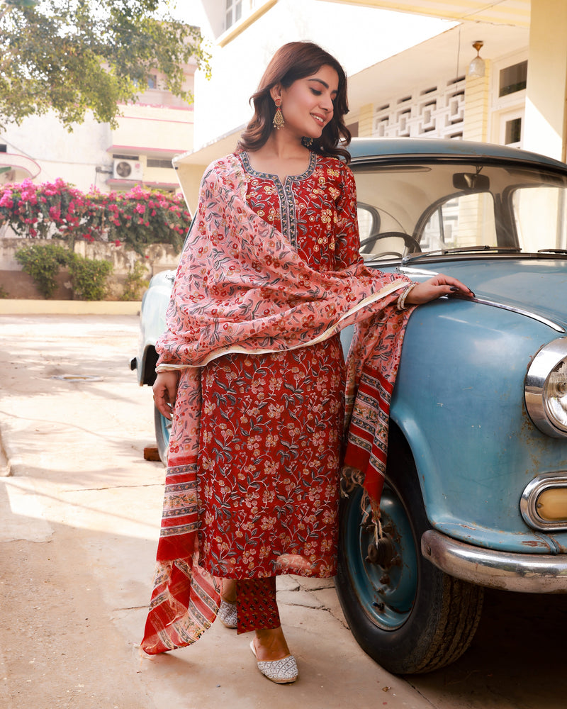 Rachida Red Embroidery Handblock Chanderi Suit Set(Plus Size)