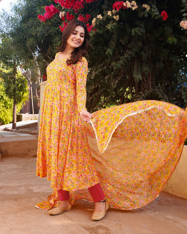 Yami Yellow Embroidered Anarkali Suit Set