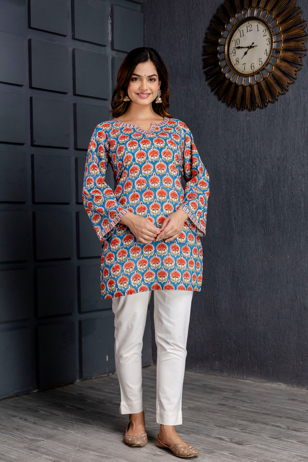 Gulaab Blue Handblock Printed Cotton Short Kurta