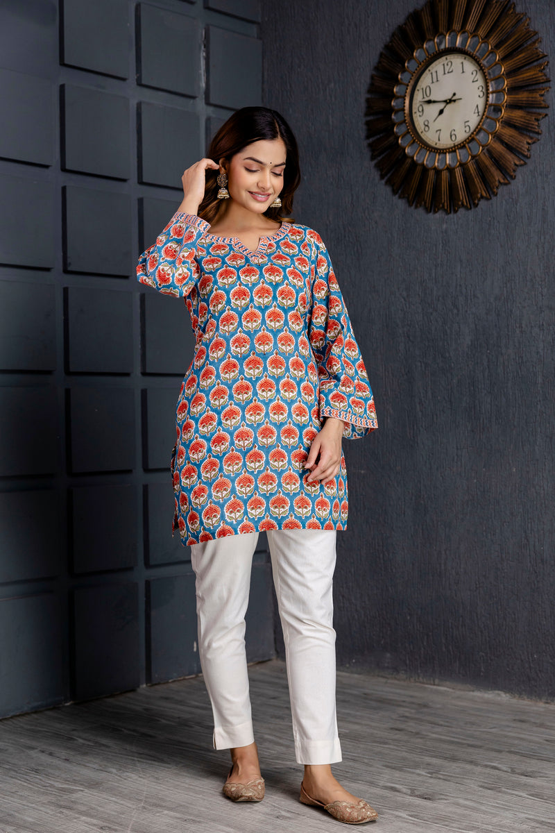 Gulaab Blue Handblock Printed Cotton Short Kurta