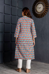 Kanak Blue Handblock Printed Cotton Long Kurta