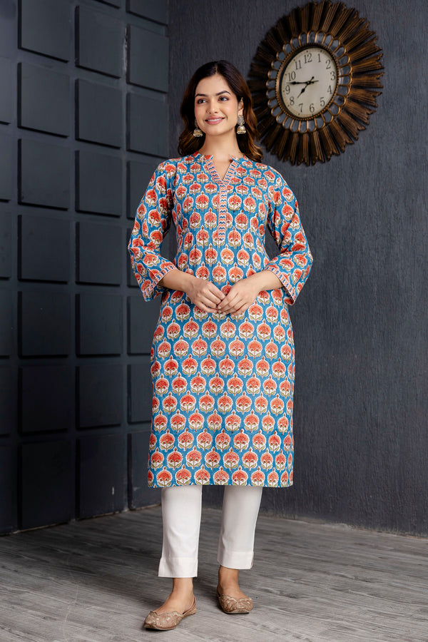 Kanak Blue Handblock Printed Cotton Long Kurta