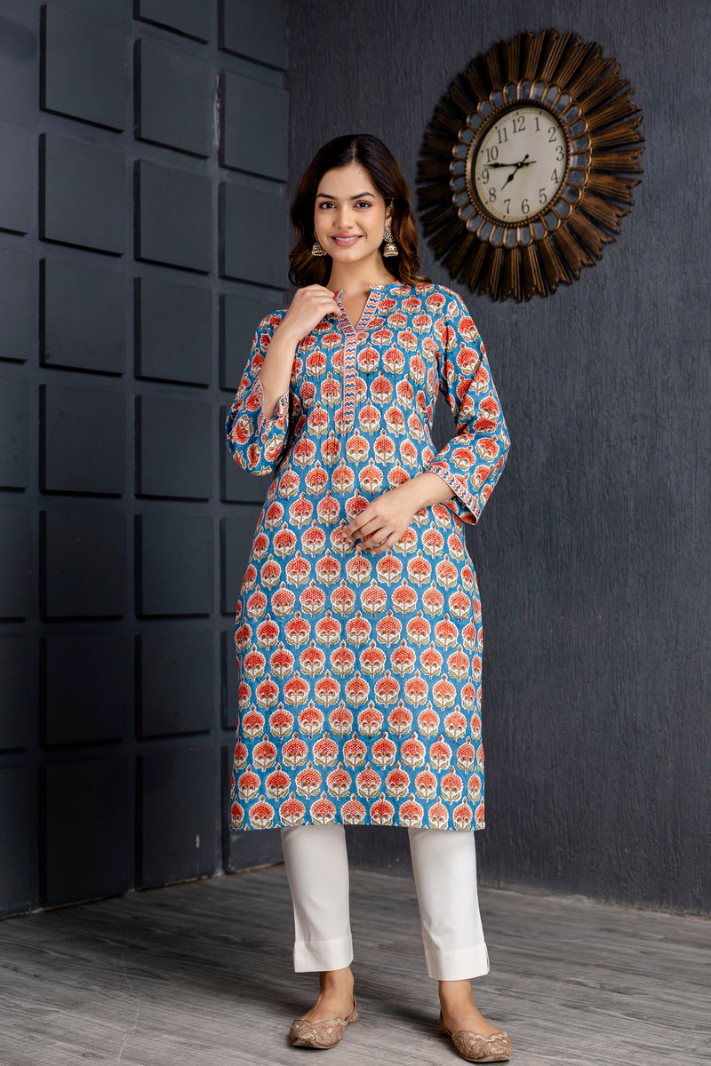 Kanak Blue Handblock Printed Cotton Long Kurta