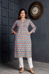 Kanak Blue Handblock Printed Cotton Long Kurta