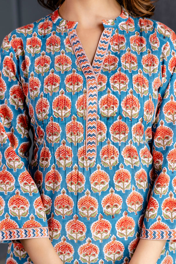 Kanak Blue Handblock Printed Cotton Long Kurta