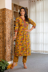 Mustard Floral Suit Set with Mul Dupatta