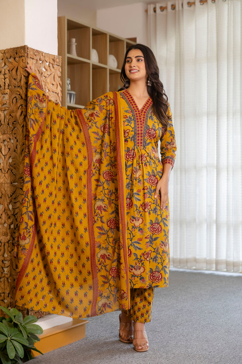 Mustard Floral Suit Set with Mul Dupatta