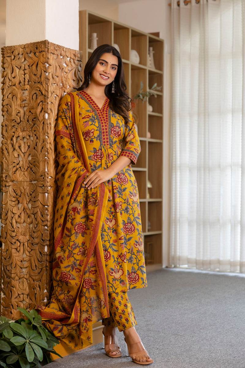 Mustard Floral Suit Set with Mul Dupatta