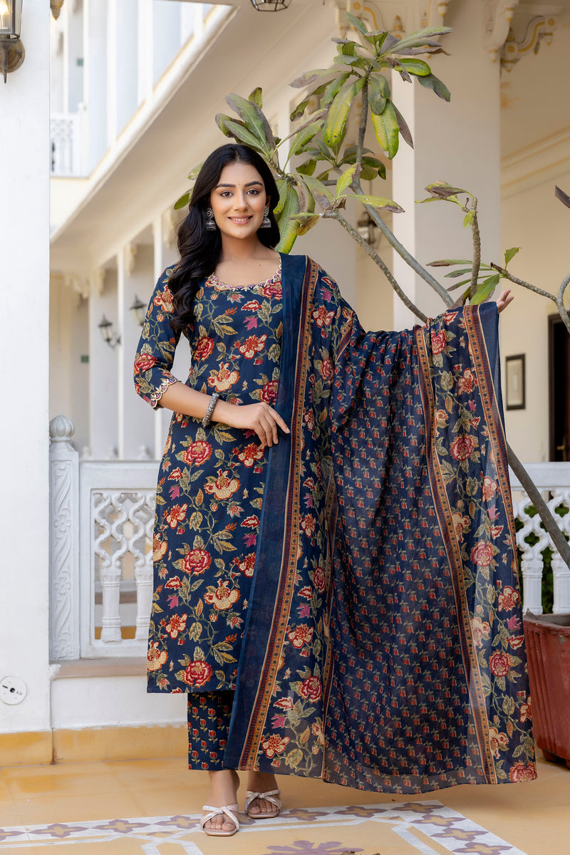 Charvi Embroidered Neck Floral Suit Set (Plus Size)