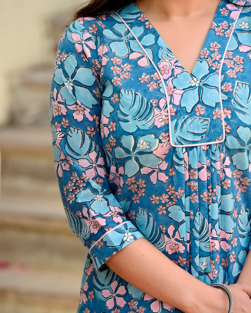 Badra Blue Floral Cotton Suit Set (Plus Size)