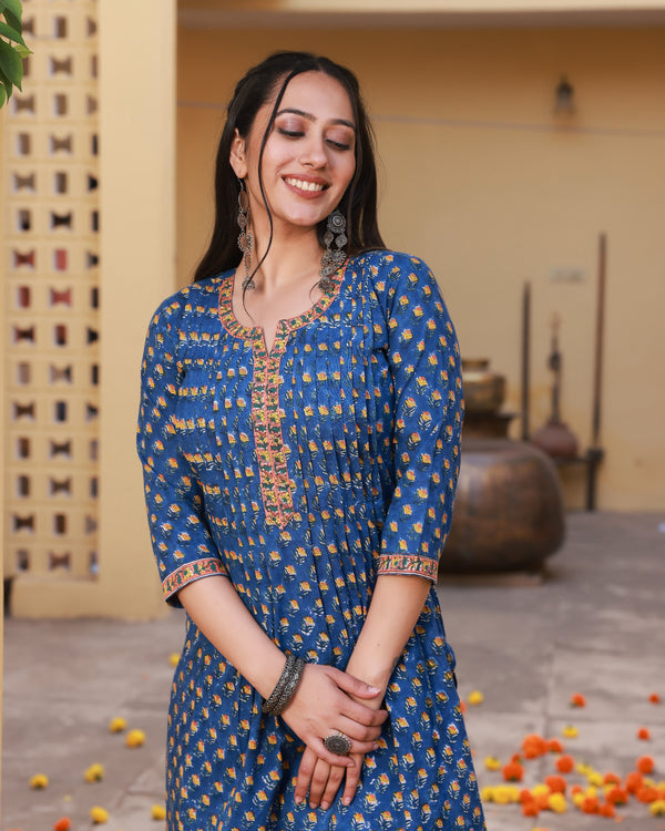 Badrah Blue Handblock Cotton Pleated Straight Suit Set (Plus Size)