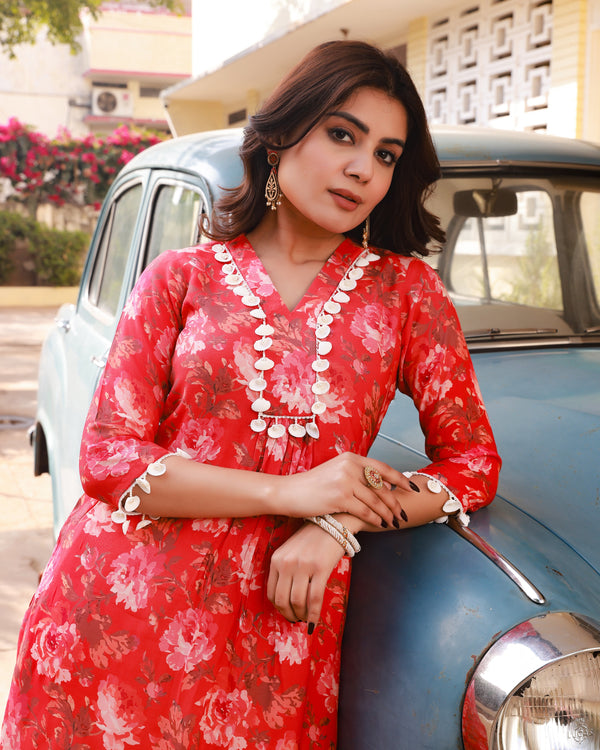 Ramya Red Floral Straight Fit Suit Set (Plus Size)