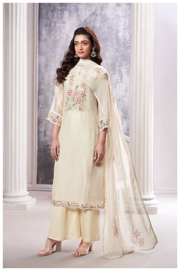 Kalyani Off White Silk Satin Embroidered Suit Set with Organza Dupatta