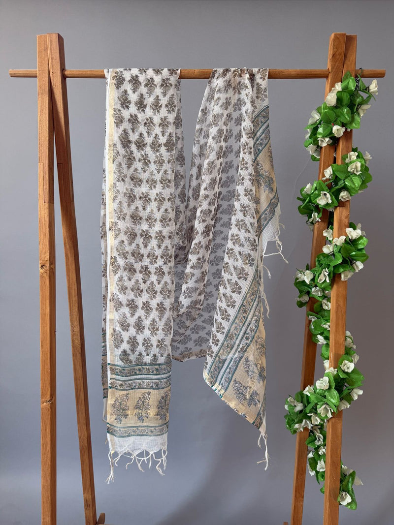 Phool White Floral Handblock Printed Kota Doria Dupatta