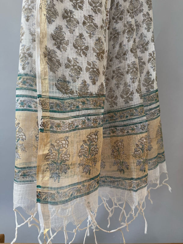 Phool White Floral Handblock Printed Kota Doria Dupatta