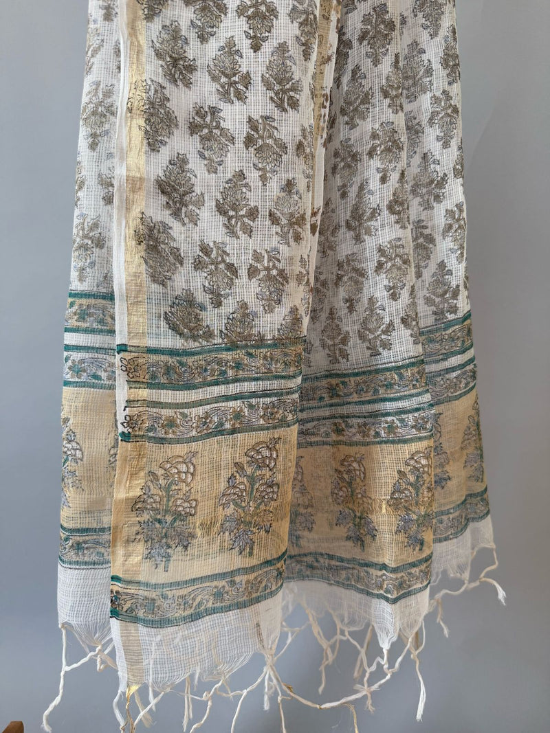 Phool White Floral Handblock Printed Kota Doria Dupatta