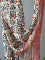 Lotus White Red Handblock Printed Chanderi Dupatta