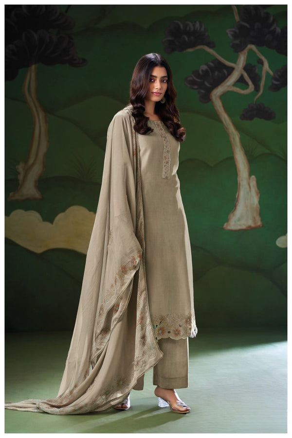 Navya Pure Satin Silk Suit Set with Embroidery & Lace Detailing (Beige Grey)