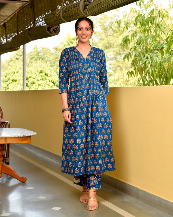 Bashir Blue Handblock Cotton Pleated Straight Suit Set (Plus Size)