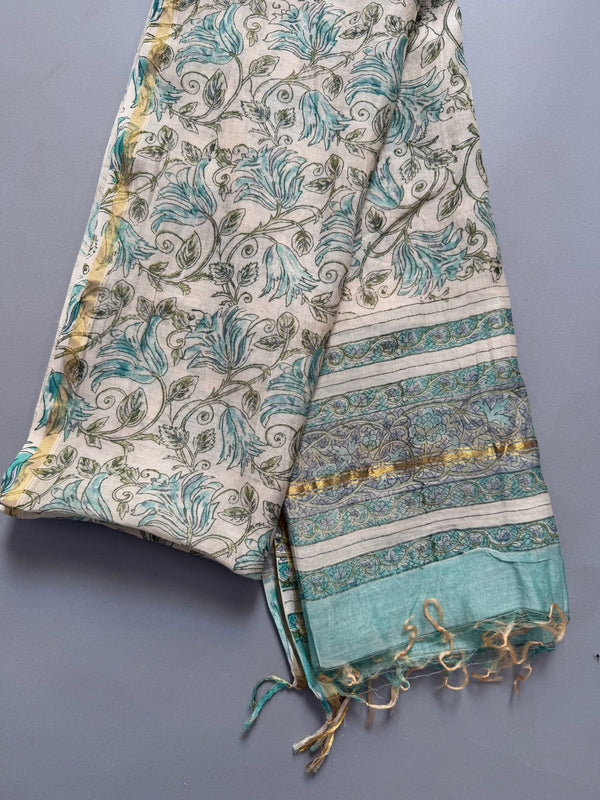 Jaal White Floral Handblock Printed Chanderi Dupatta