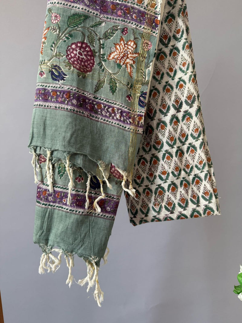 Garden White Green Handblock Printed Cotton Dupatta