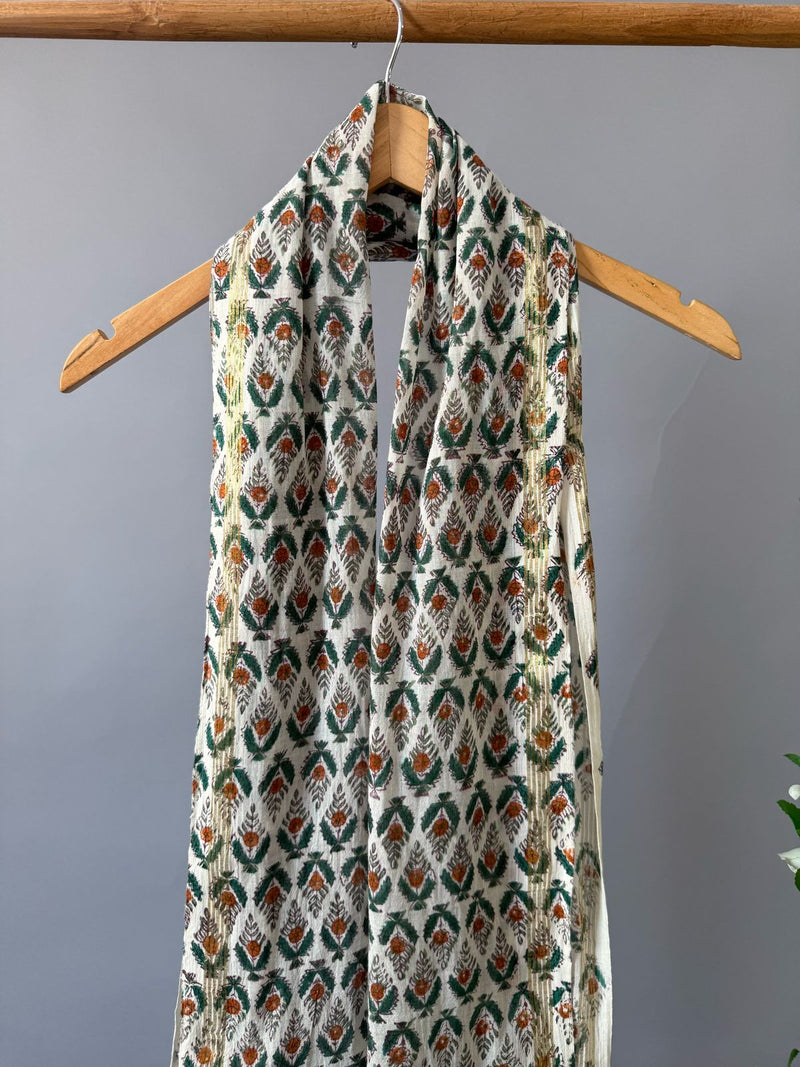 Garden White Green Handblock Printed Cotton Dupatta