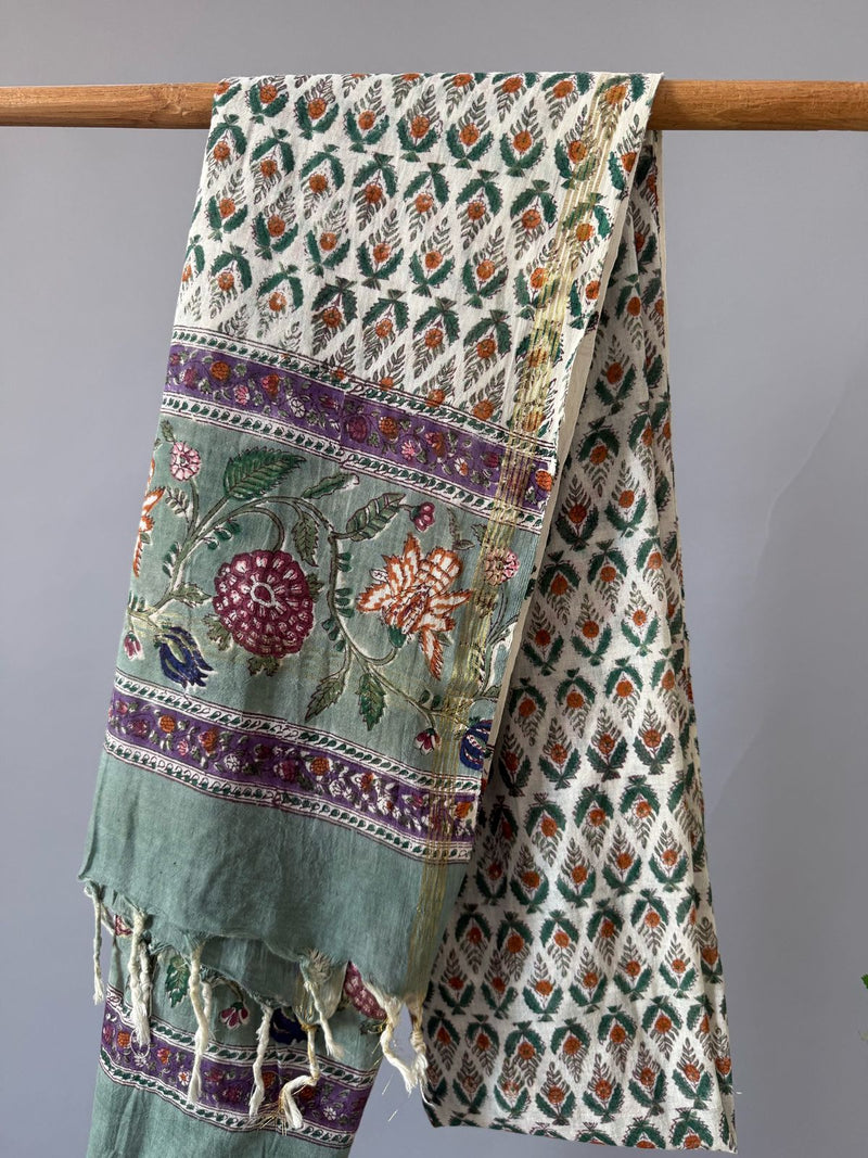 Garden White Green Handblock Printed Cotton Dupatta