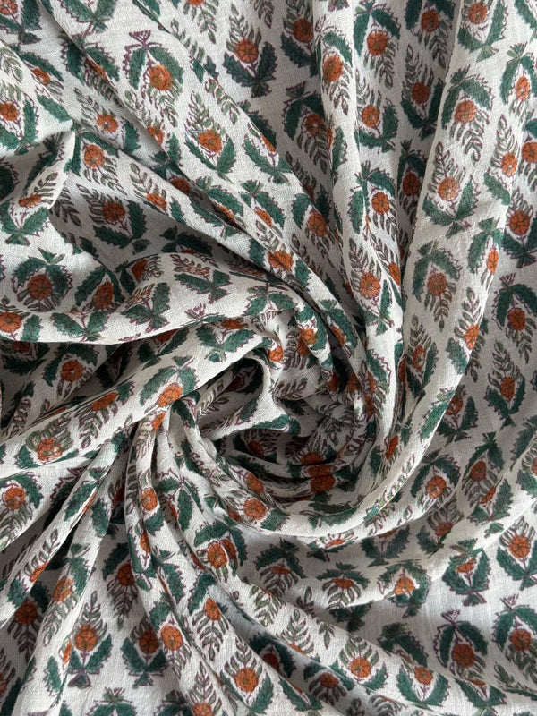 Garden White Green Handblock Printed Cotton Dupatta