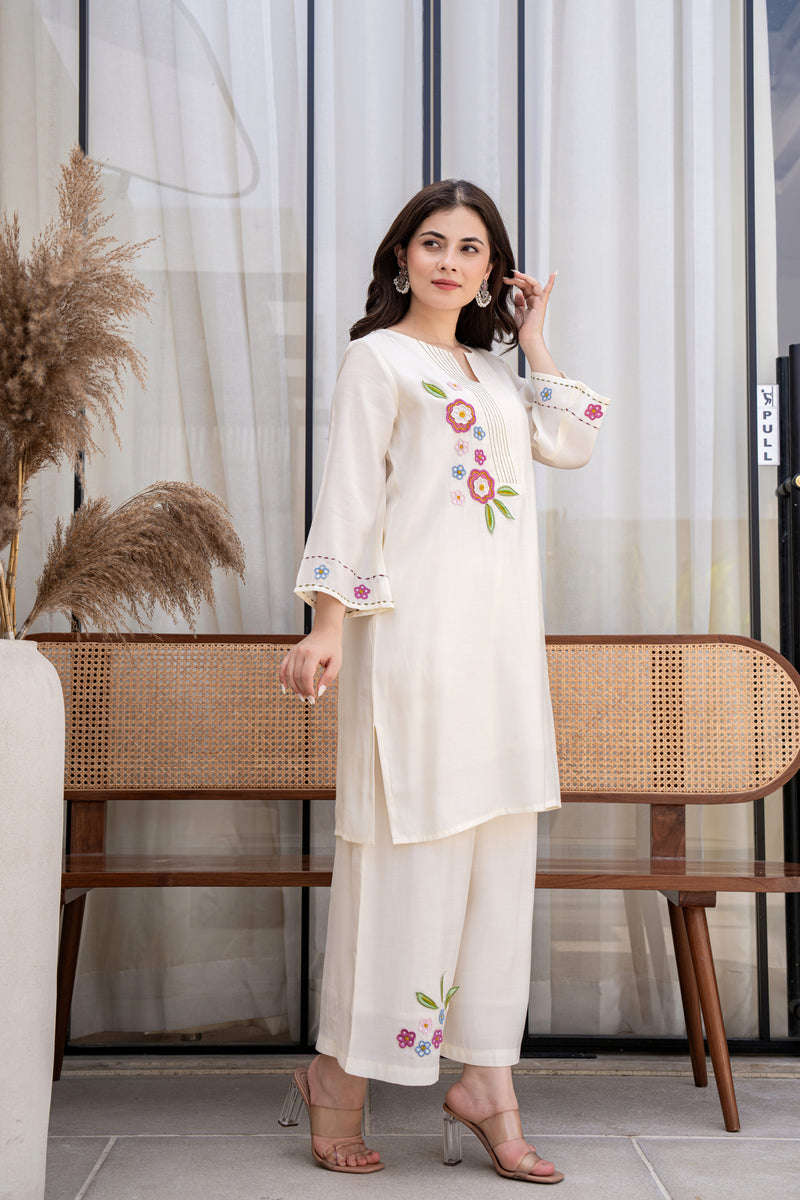 Embroidered Elegance Silk Coord Set in White