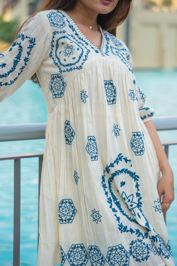 Misty Off white Dress with Blue embroidery detailing