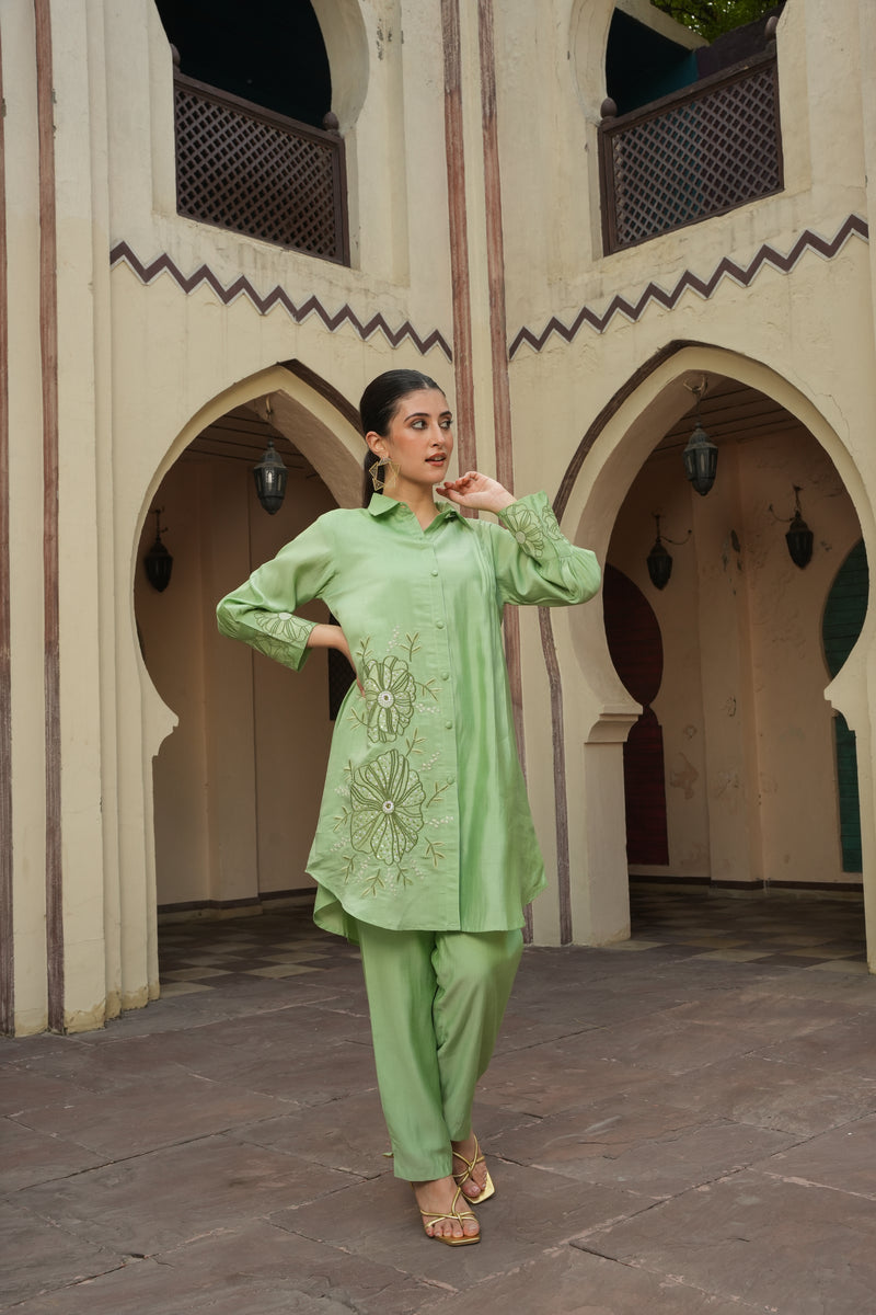 Green Goddess Coord Set in Silk with Floral Motifs