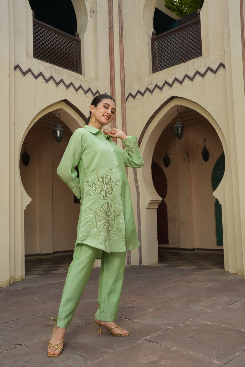 Green Goddess Coord Set in Silk with Floral Motifs