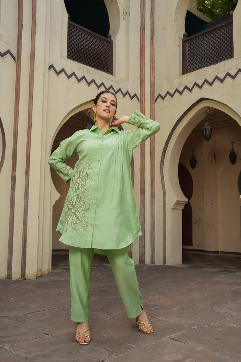 Green Goddess Coord Set in Silk with Floral Motifs