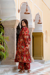 Saiba Red Floral handblock Suit with in Kota doriya Dupatta