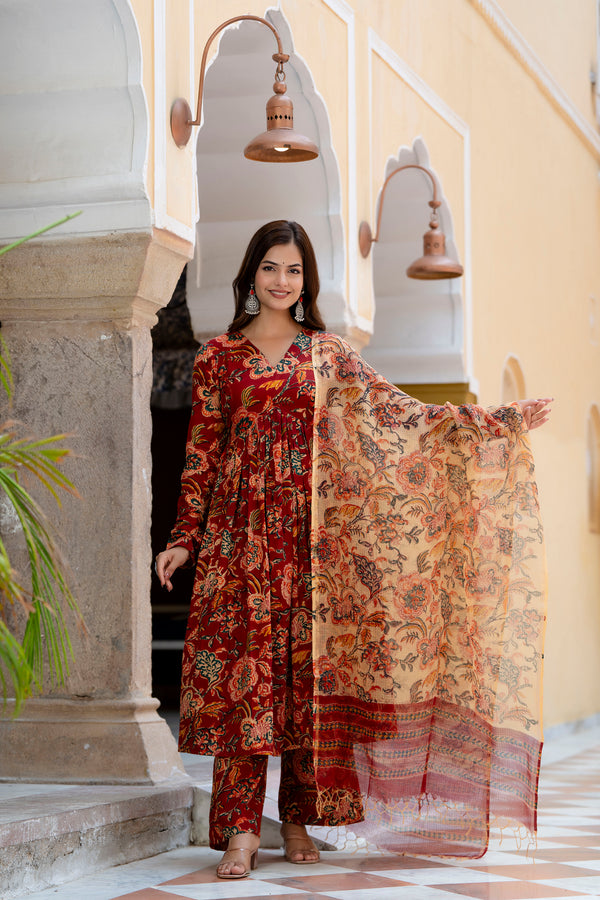 Saiba Red Floral handblock Suit with in Kota doriya Dupatta