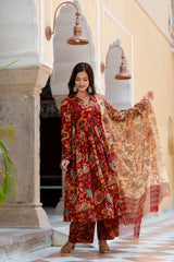 Saiba Red Floral handblock Suit with in Kota doriya Dupatta