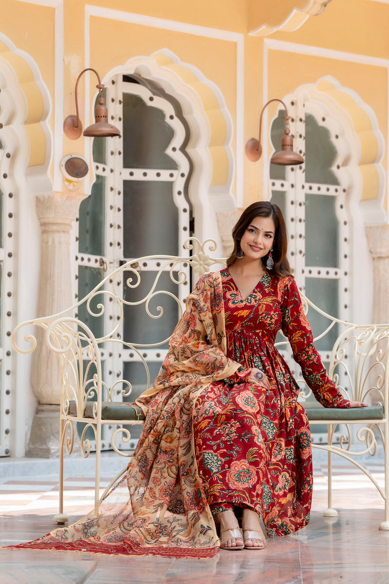 Saiba Red Floral handblock Suit with in Kota doriya Dupatta