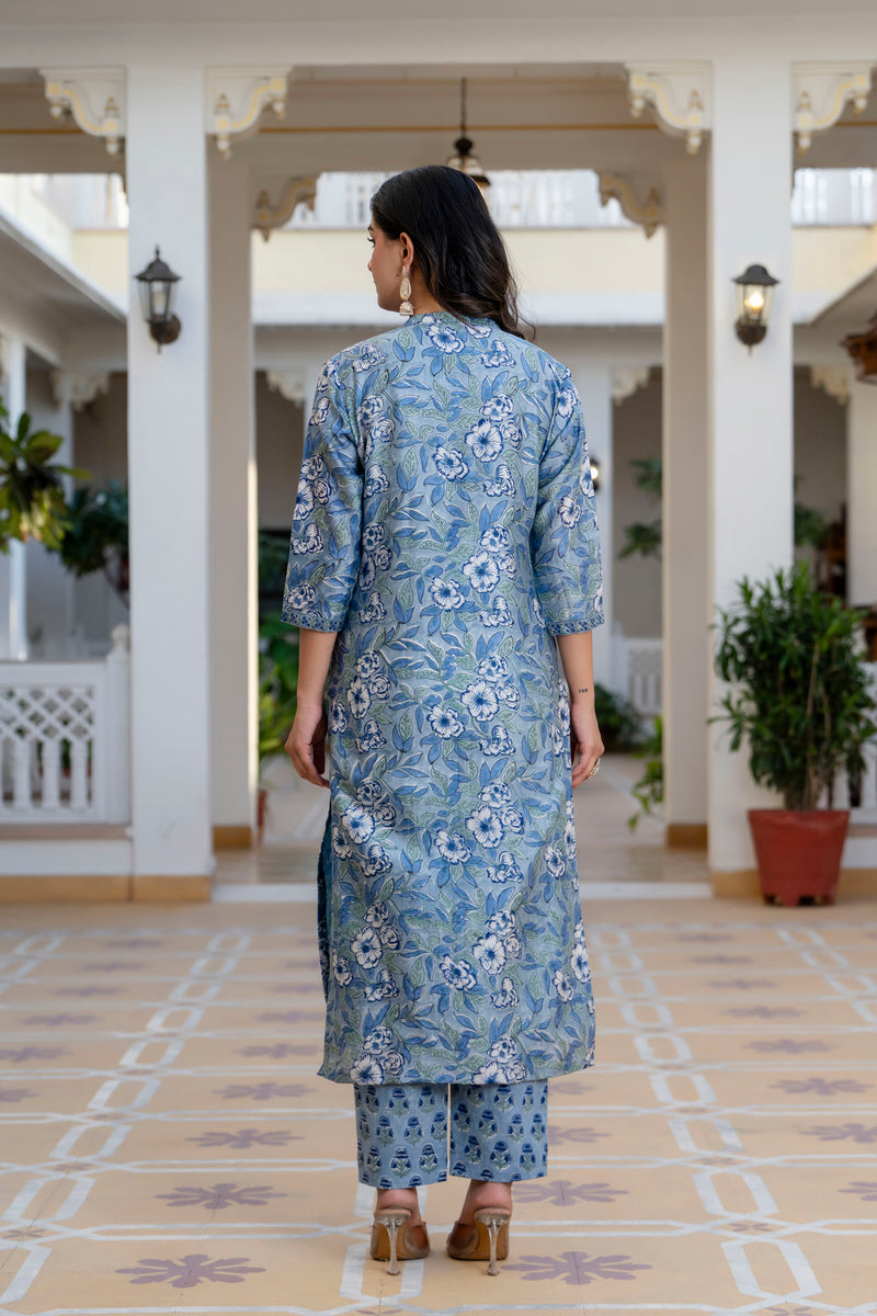 Iris Blue Floral Chanderi Straight Fit Suit Set