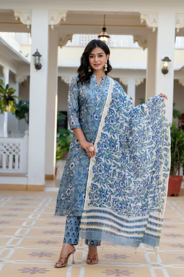 Iris Blue Floral Chanderi Straight Fit Suit Set (Plus Size)