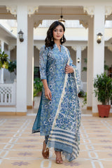 Iris Blue Floral Chanderi Straight Fit Suit Set