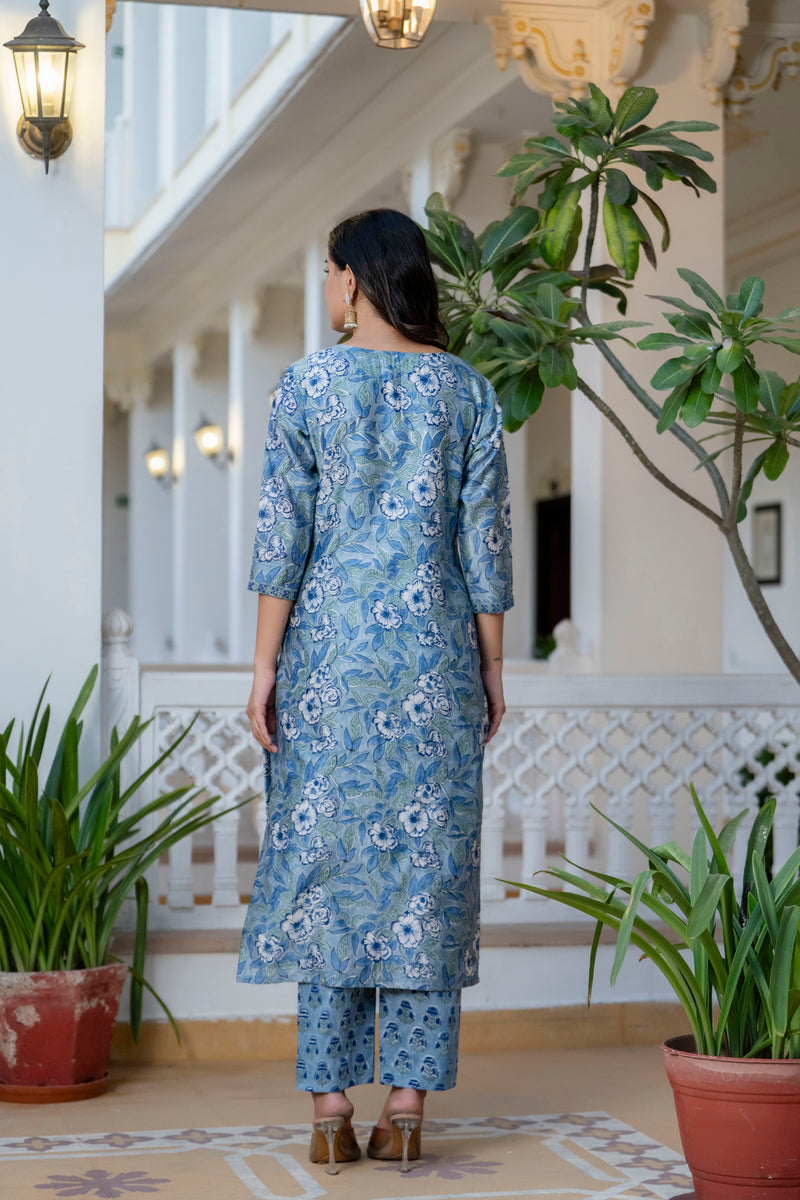 Blue Peonies Chanderi Silk Straight Fit Suit Set