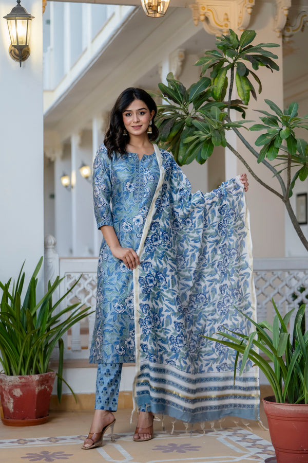 Blue Peonies Chanderi Silk Straight Fit Suit Set (Plus Size)