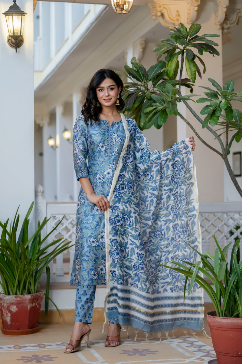 Blue Peonies Chanderi Silk Straight Fit Suit Set