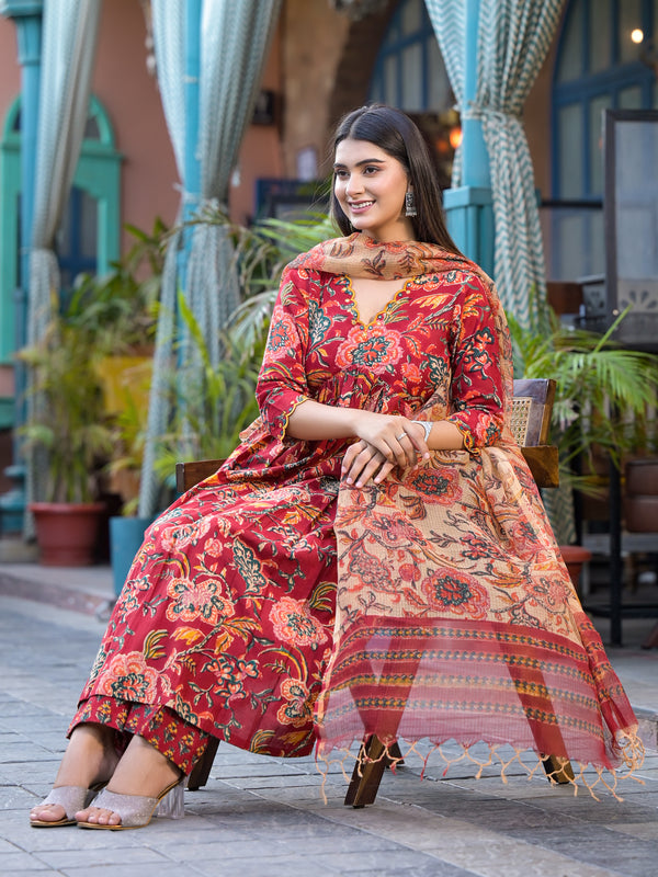 Rosheen Red Floral Block Print Embroidered Suit Set (Plus Size)