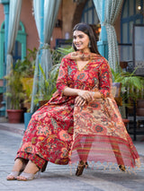 ROSHEEN RED FLORAL BLOCK PRINT EMBROIDERED Unstitched Suit set