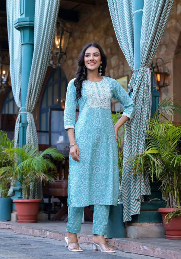 Teal Blue Floral Print Embroidered Cotton Kurta Pant Set