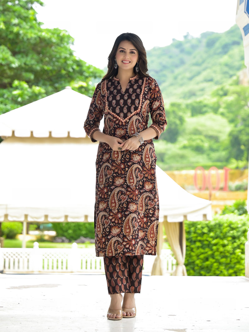 Paisley Block Print Handwork Straight Fit Suit Set